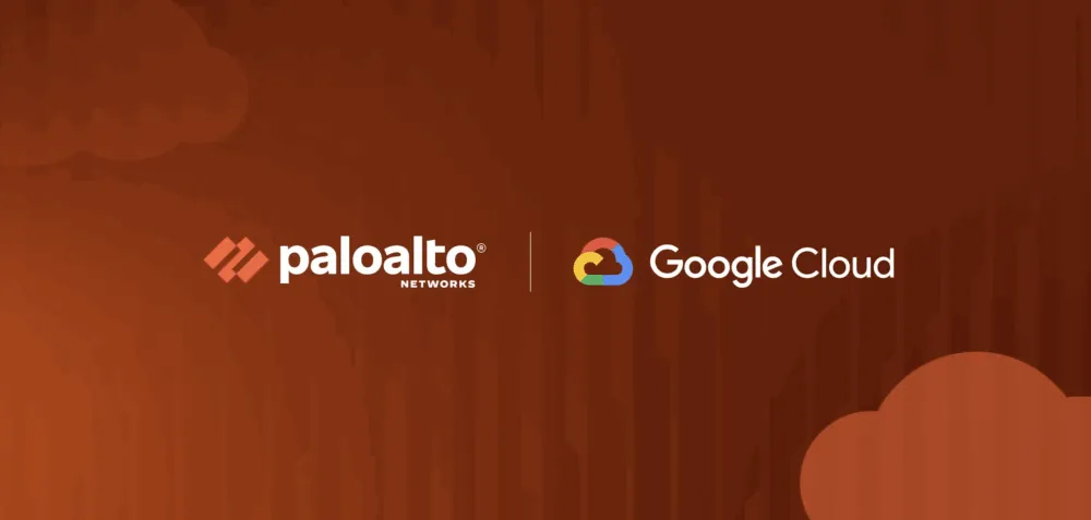 Logotipos da Palo Alto Networks e do Google Cloud em fundo laranja.